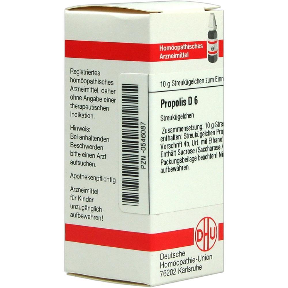 Weiße Verpackung mit rotem Streifen für homöopathische Propolis D6 Streukügelchen.