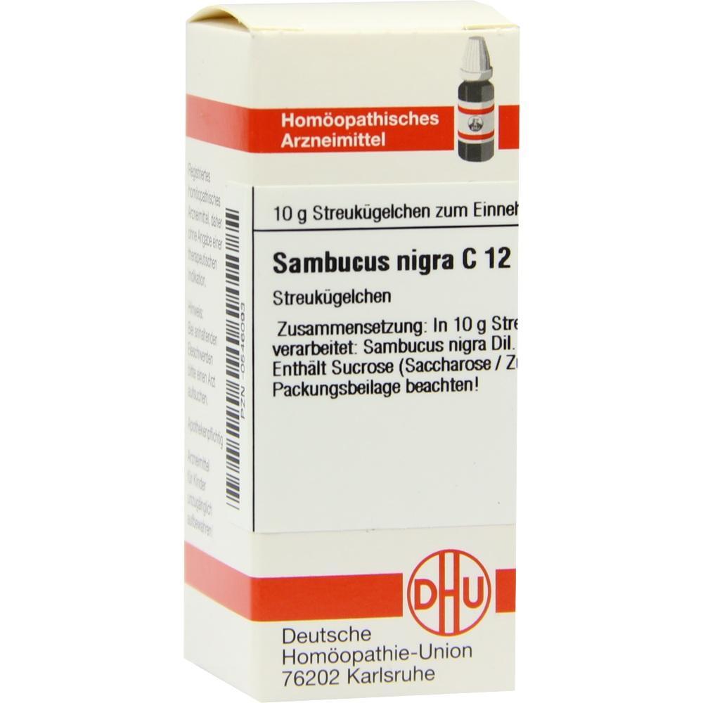 Eine weiße Verpackung mit homöopathischem Mittel namens "Sambucus nigra C 12".