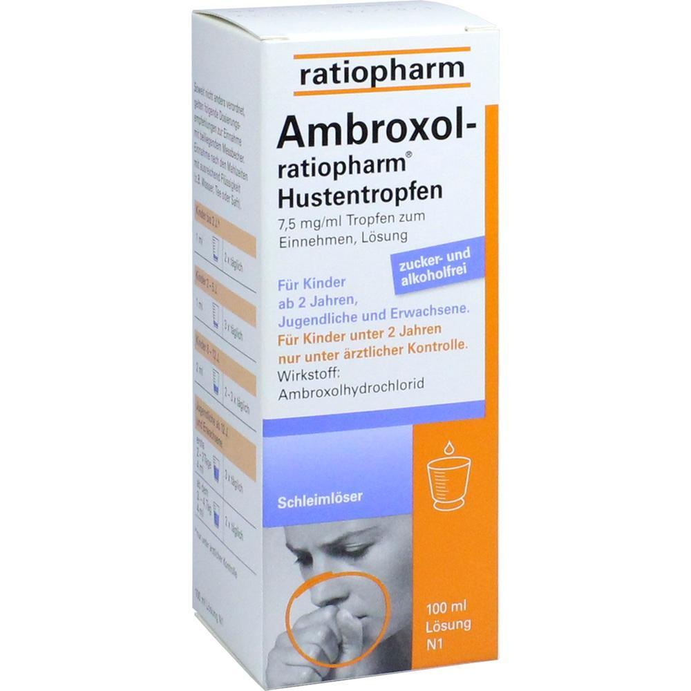 Die Schachtel zeigt Ambroxol-Hustentropfen von Ratiopharm zur Schleimlösung.