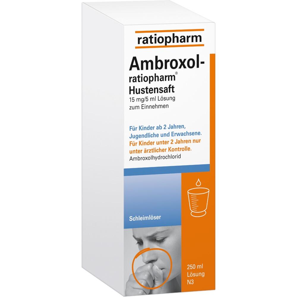 Eine Packung Ambroxol-Hustensaft von ratiopharm für Kinder und Erwachsene.