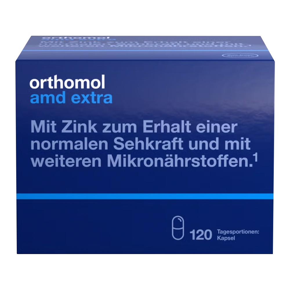 Blaue Packung mit Vitaminen für die Augen, mit Zink und weiteren Nährstoffen.