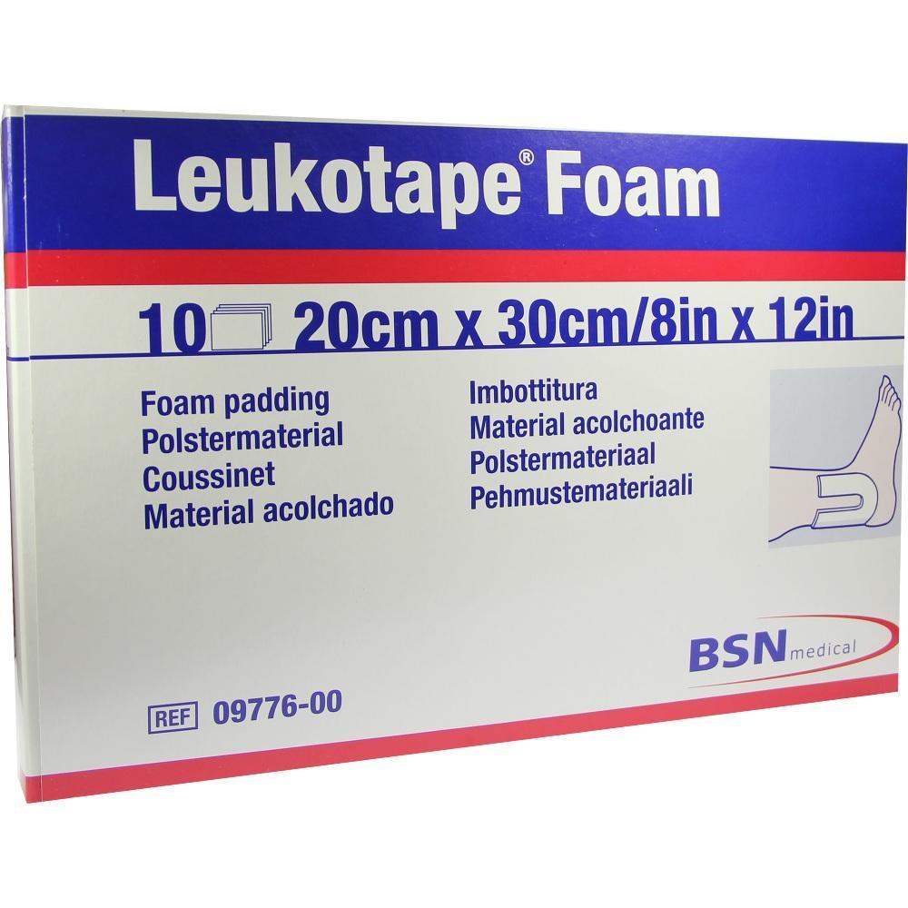 Eine Verpackung für Leukotape Foam mit Maßen und Beschreibungen in mehreren Sprachen.