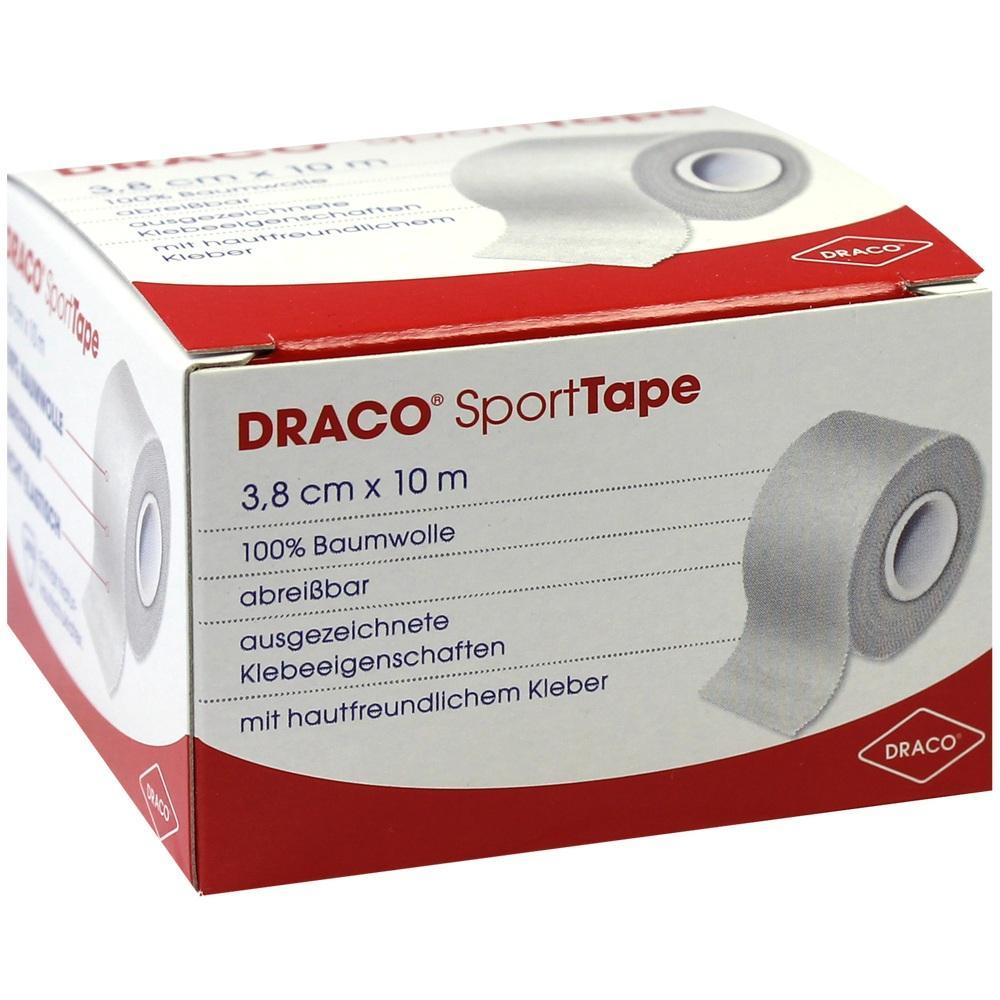 Eine rote und weiße Verpackung mit einer Rolle Sport-Tape aus Baumwolle.