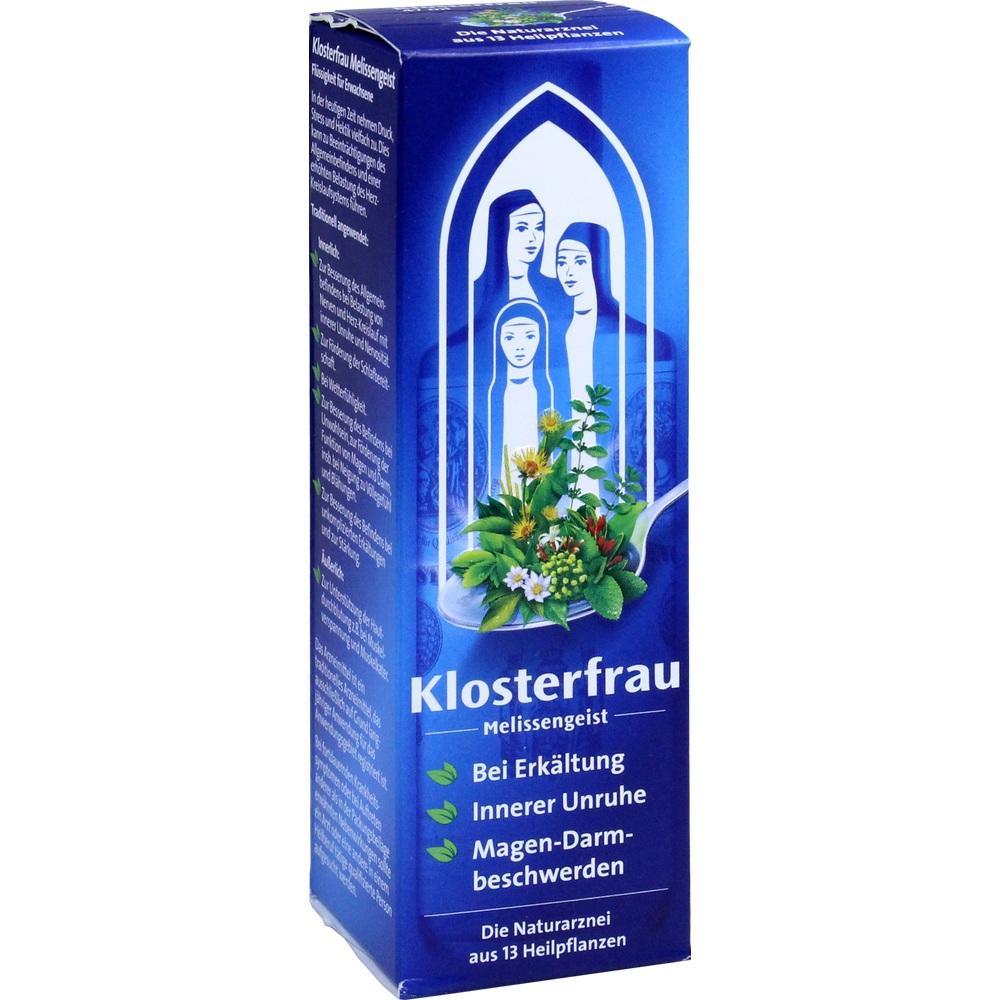 Eine blaue Klosterfrau-Melissengeist-Verpackung mit Pflanzenmotiv.