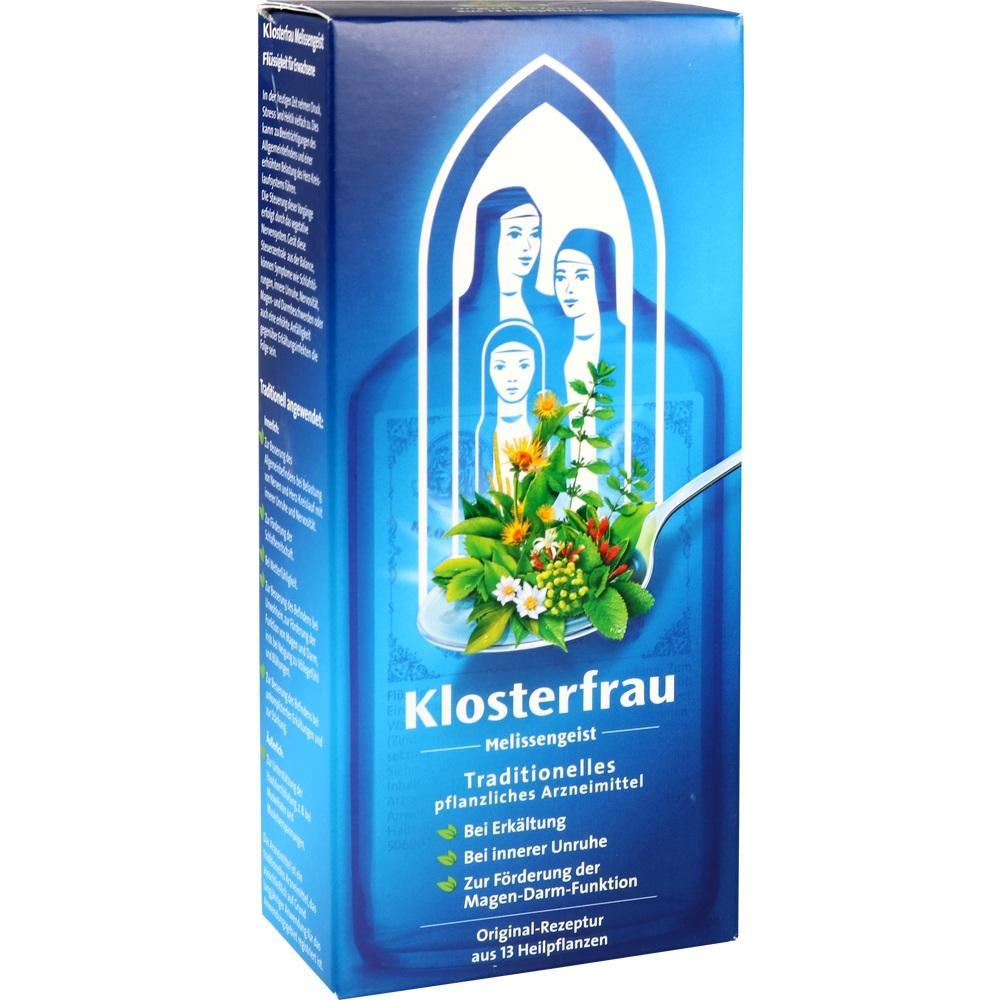 Blaue Verpackung von Klosterfrau Melissengeist mit Kräutern und Klosterfrauen-Illustration.