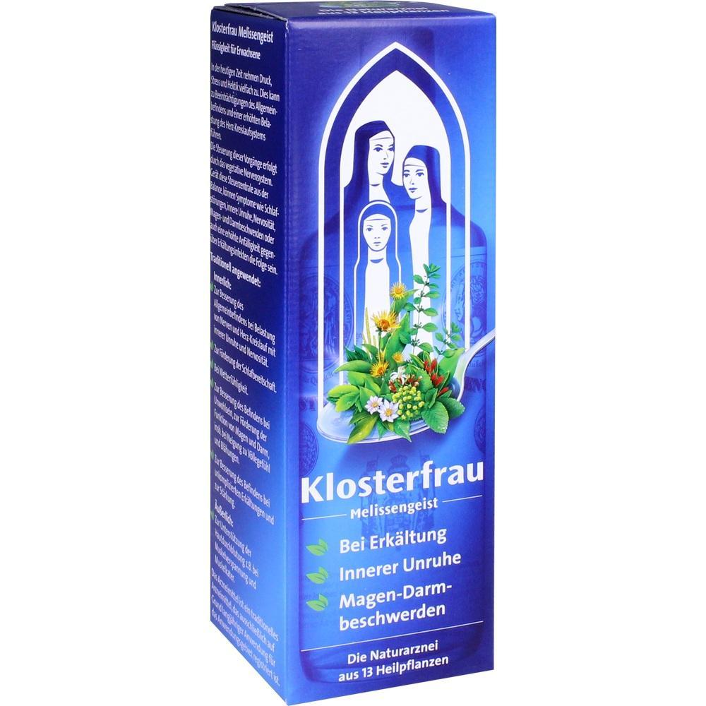 Eine blaue Packung „Klosterfrau Melissengeist“ mit drei stilisierten Figuren.