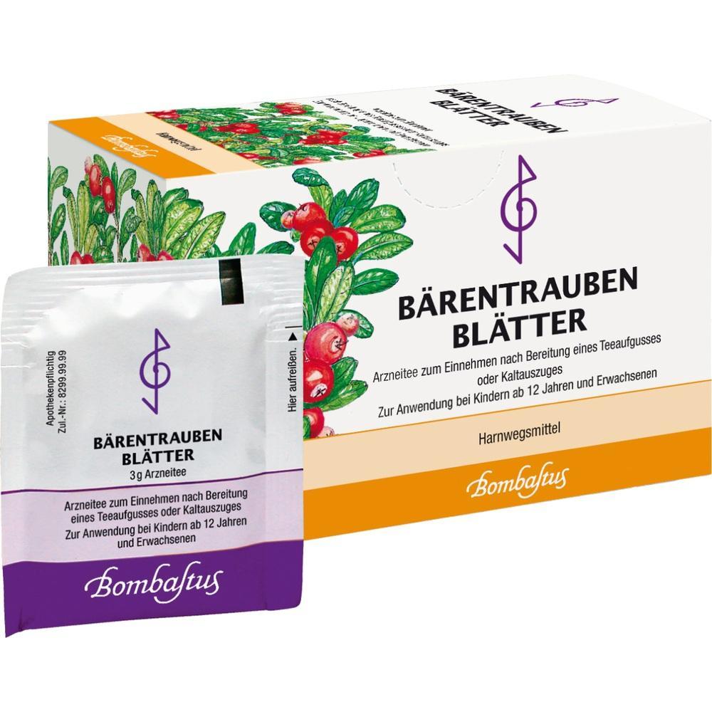 Verpackung von Bärentraubenblätter-Arzneitee mit Blättermotiv.