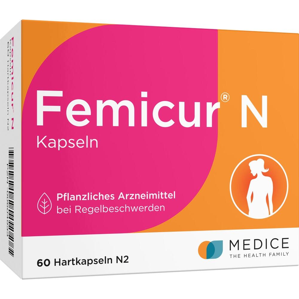 Verpackung von Femicur N Kapseln f&uuml;r pflanzliche Hilfe bei Menstruationsbeschwerden.