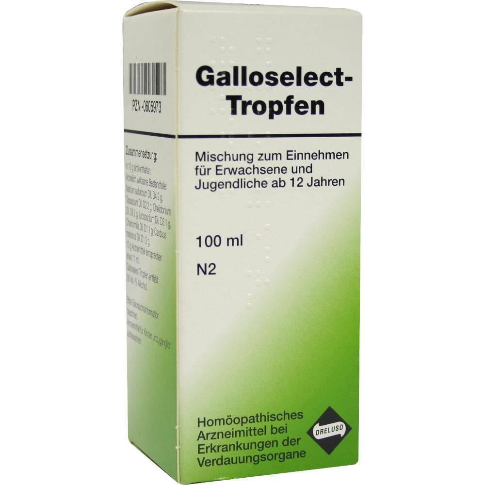 Verpackung von Galloselect-Tropfen für Verdauungsprobleme, 100 ml.