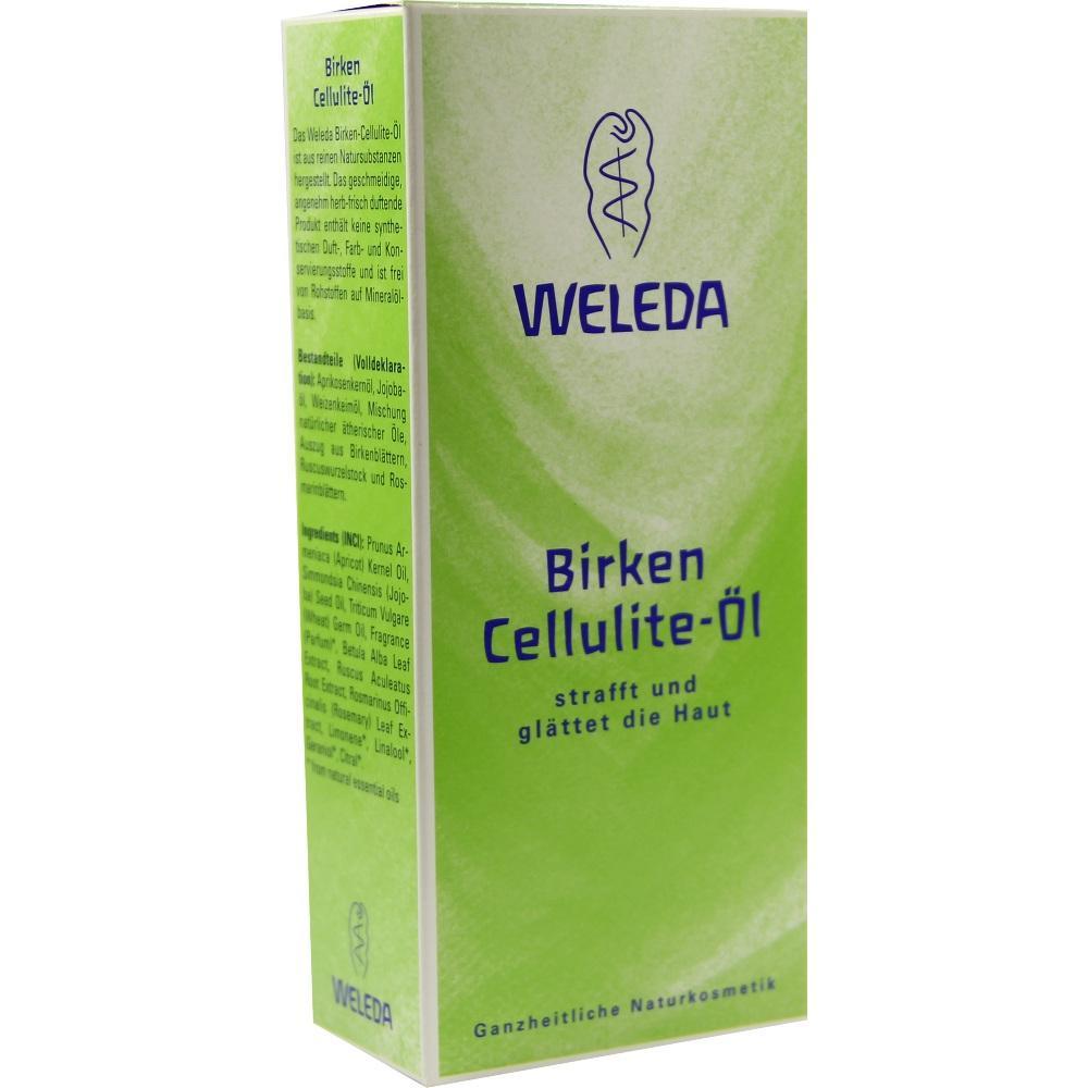 Grüne Verpackung von Weleda Birken Cellulite-Öl zur Hautstraffung.