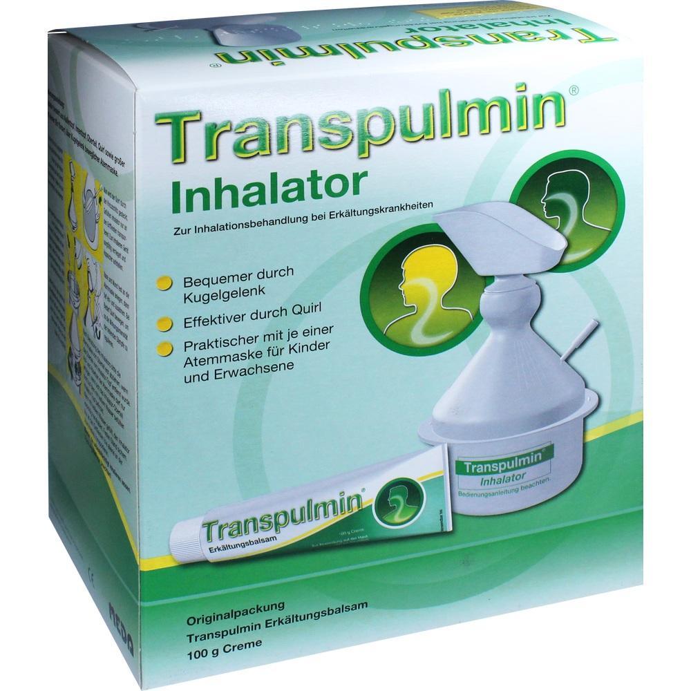 Grüne Verpackung eines Transpulmin Inhalators für Erkältungsbehandlungen.