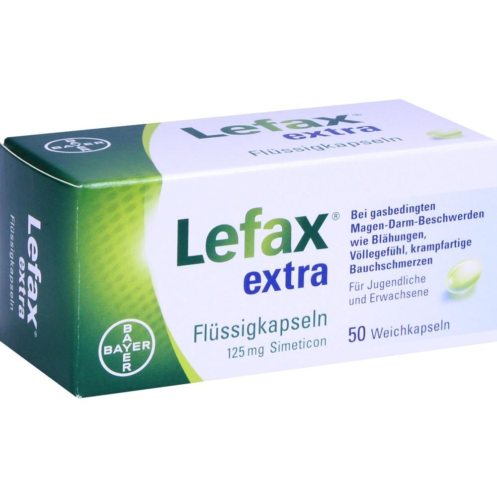Packung Lefax extra Flüssigkapseln gegen Magen-Darm-Beschwerden.