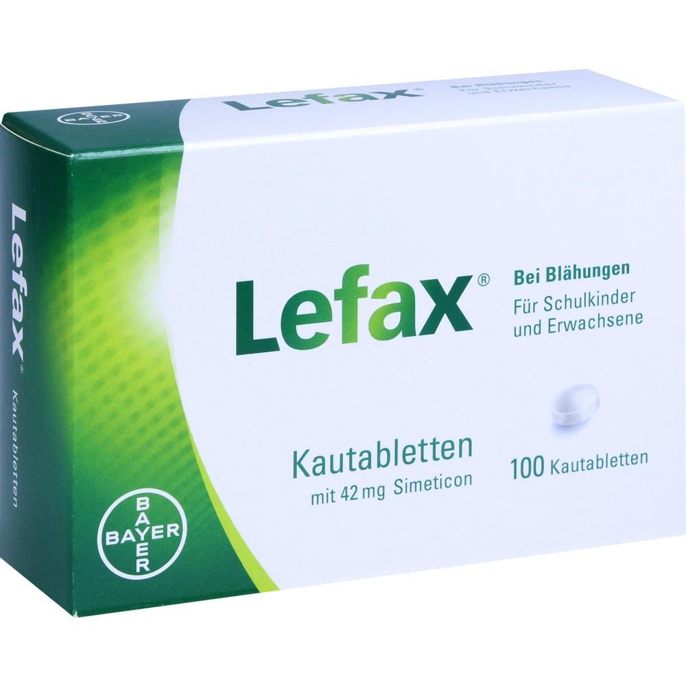 Packung Lefax Kautabletten gegen Blähungen für Schulkinder und Erwachsene.