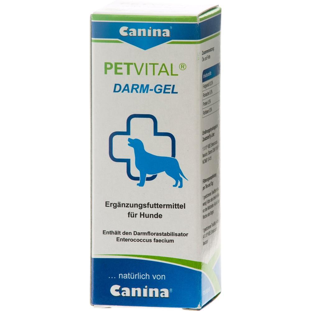 Eine Verpackung von Petvital Darm-Gel, einem Erg&auml;nzungsfuttermittel f&uuml;r Hunde.