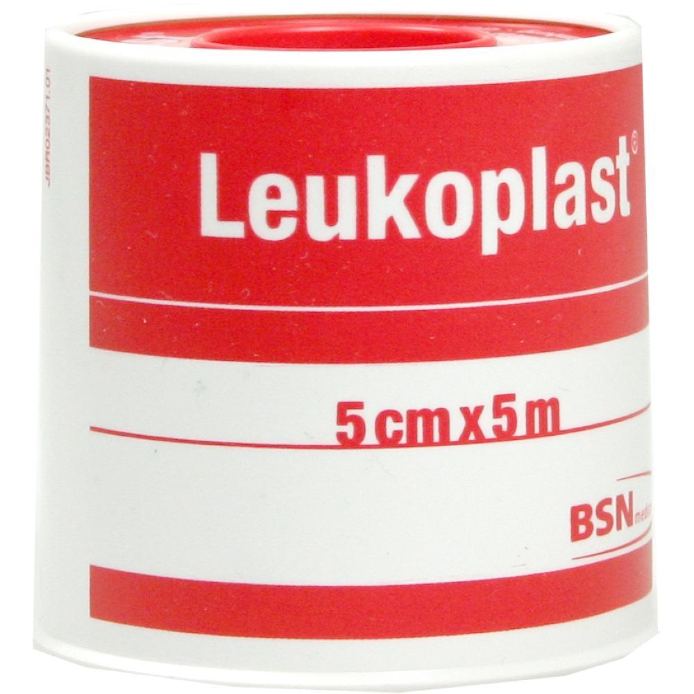 Eine Rolle rotes Heftpflaster mit der Aufschrift "Leukoplast 5cm x 5m".
