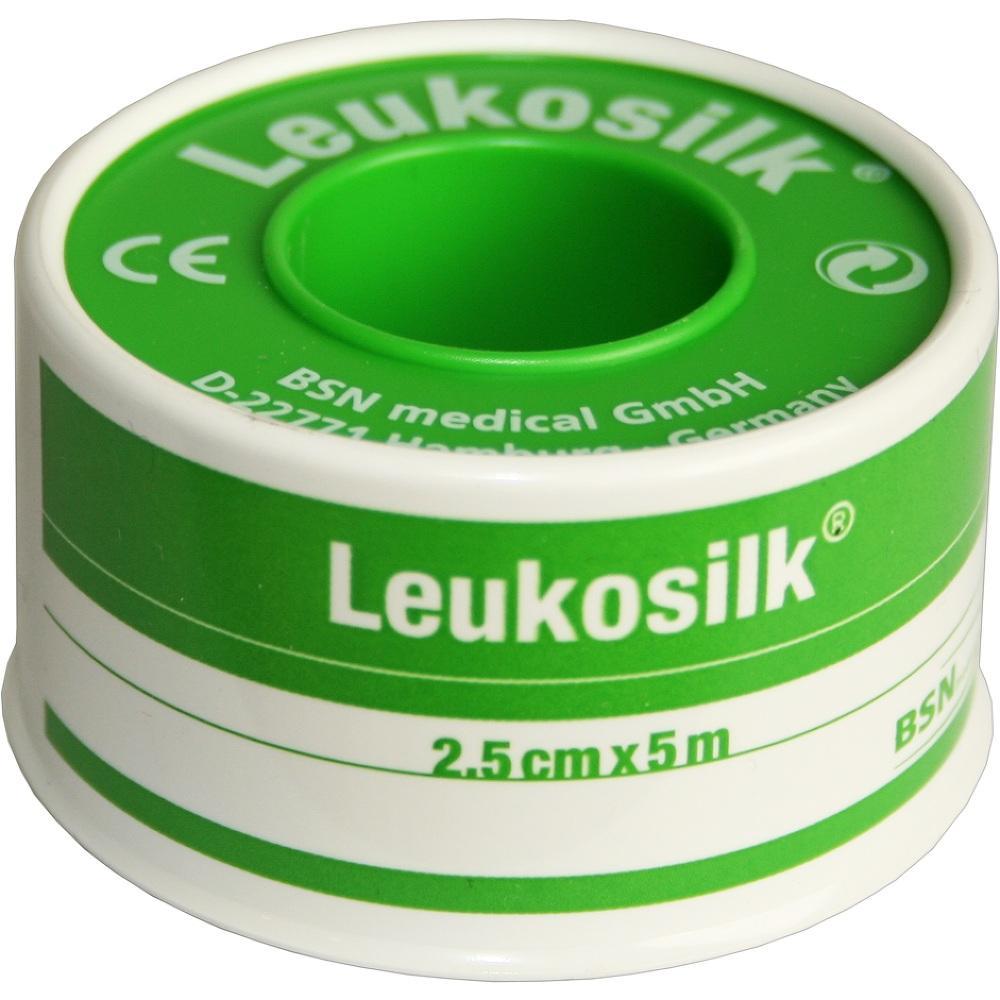 Eine Rolle grünes medizinisches Klebeband mit der Aufschrift "Leukosilk".