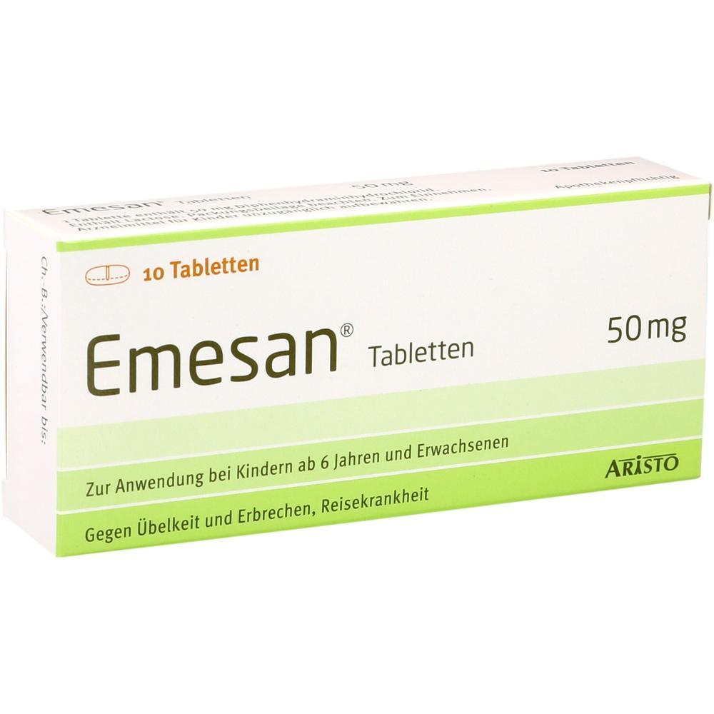 Eine Packung mit Emesan-Tabletten gegen Übelkeit und Erbrechen für Kinder und Erwachsene.