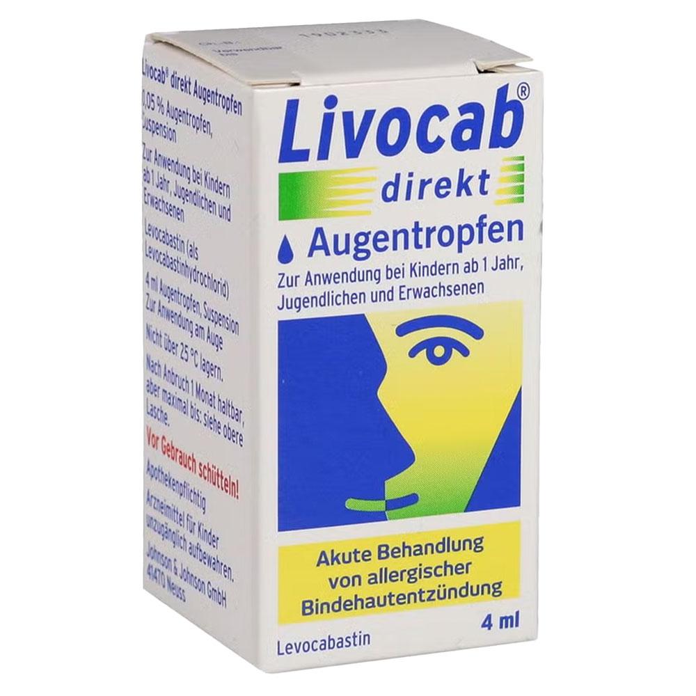 Verpackung von Augentropfen zur Behandlung allergischer Bindehautentzündung.