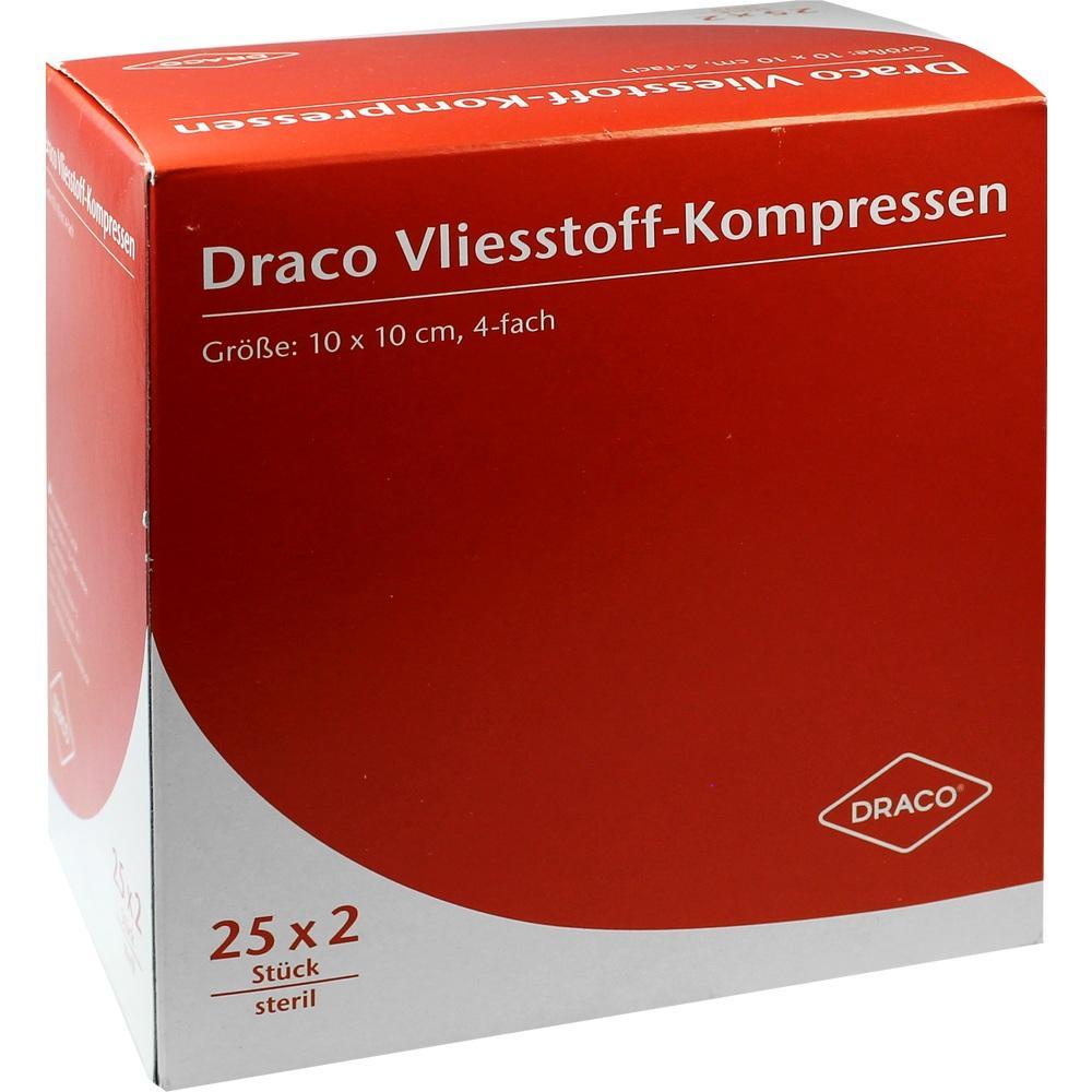 Rote Verpackung von Vliesstoff-Kompressen der Marke Draco, 10x10 cm, 25x2 Stück steril.
