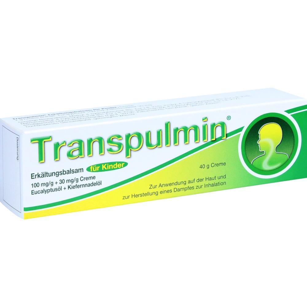 Eine gr&uuml;ne Verpackung von Transpulmin Erk&auml;ltungsbalsam f&uuml;r Kinder.