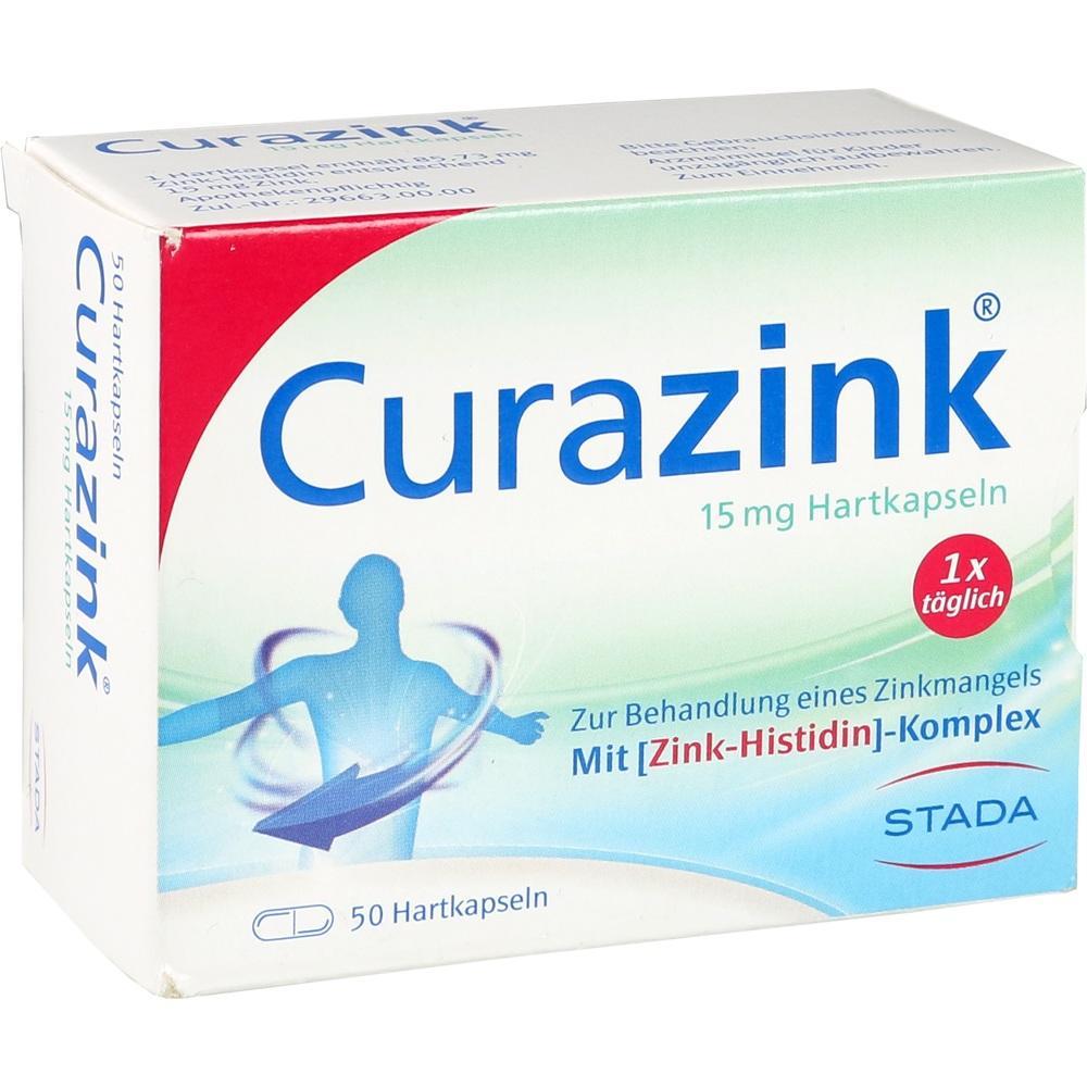 Eine Packung Curazink-Hartkapseln zur Behandlung von Zinkmangel.