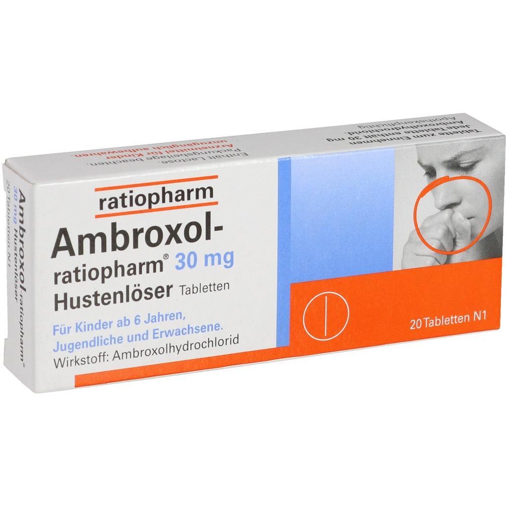 Packung Ambroxol Hustenlöser mit 30 mg Tabletten gegen Husten.