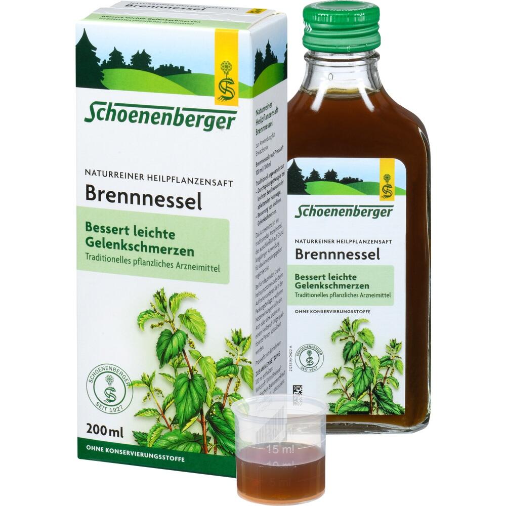 Eine Flasche und Schachtel mit Brennnesselsaft zur Linderung von Gelenkschmerzen.