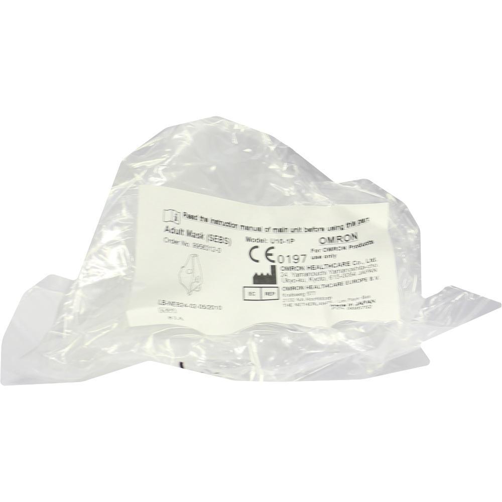 Plastiktüte mit einem Etikett einer Erwachsenenmaske von Omron.