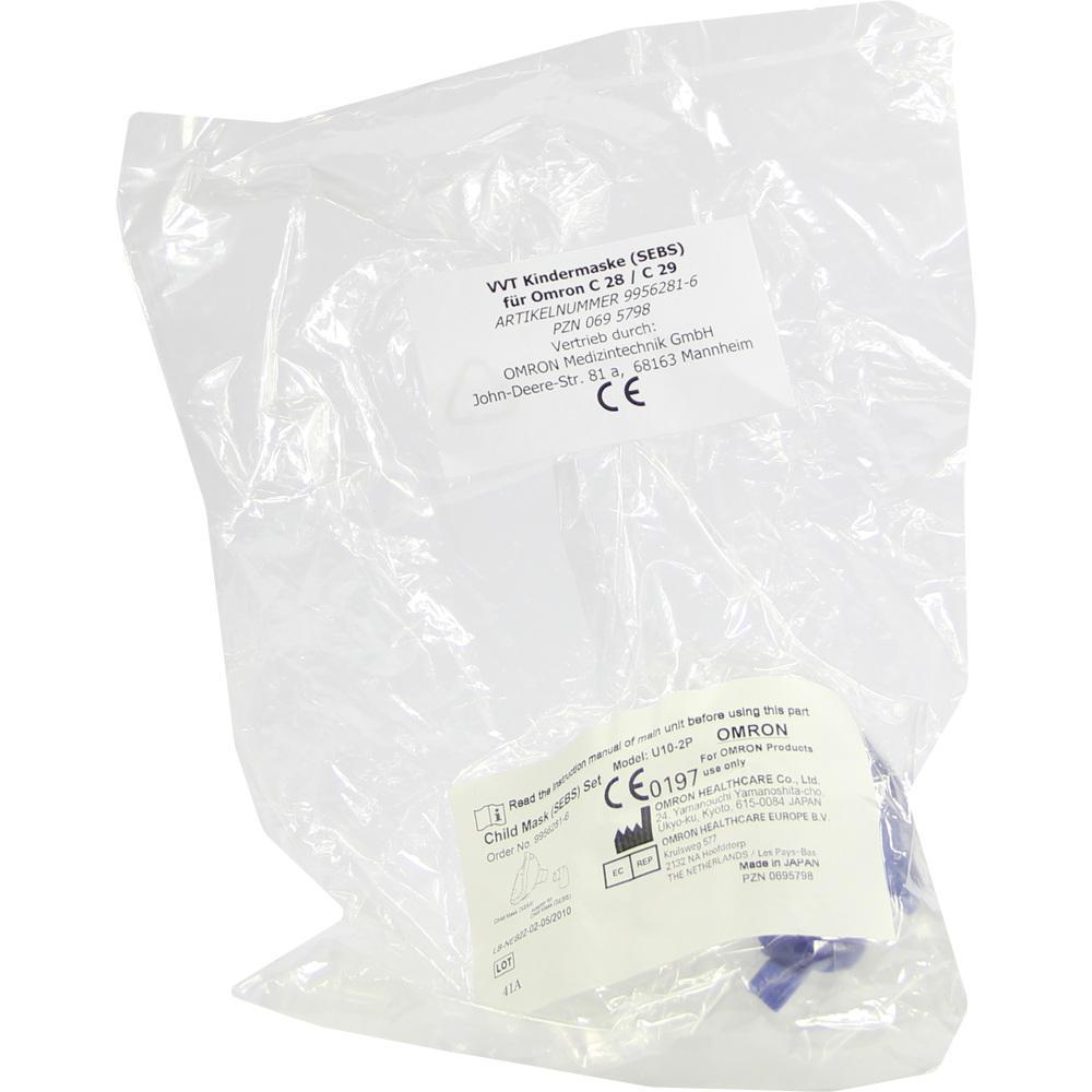 Eine transparente Plastiktüte mit Etikett für eine Kindermaske von OMRON.
