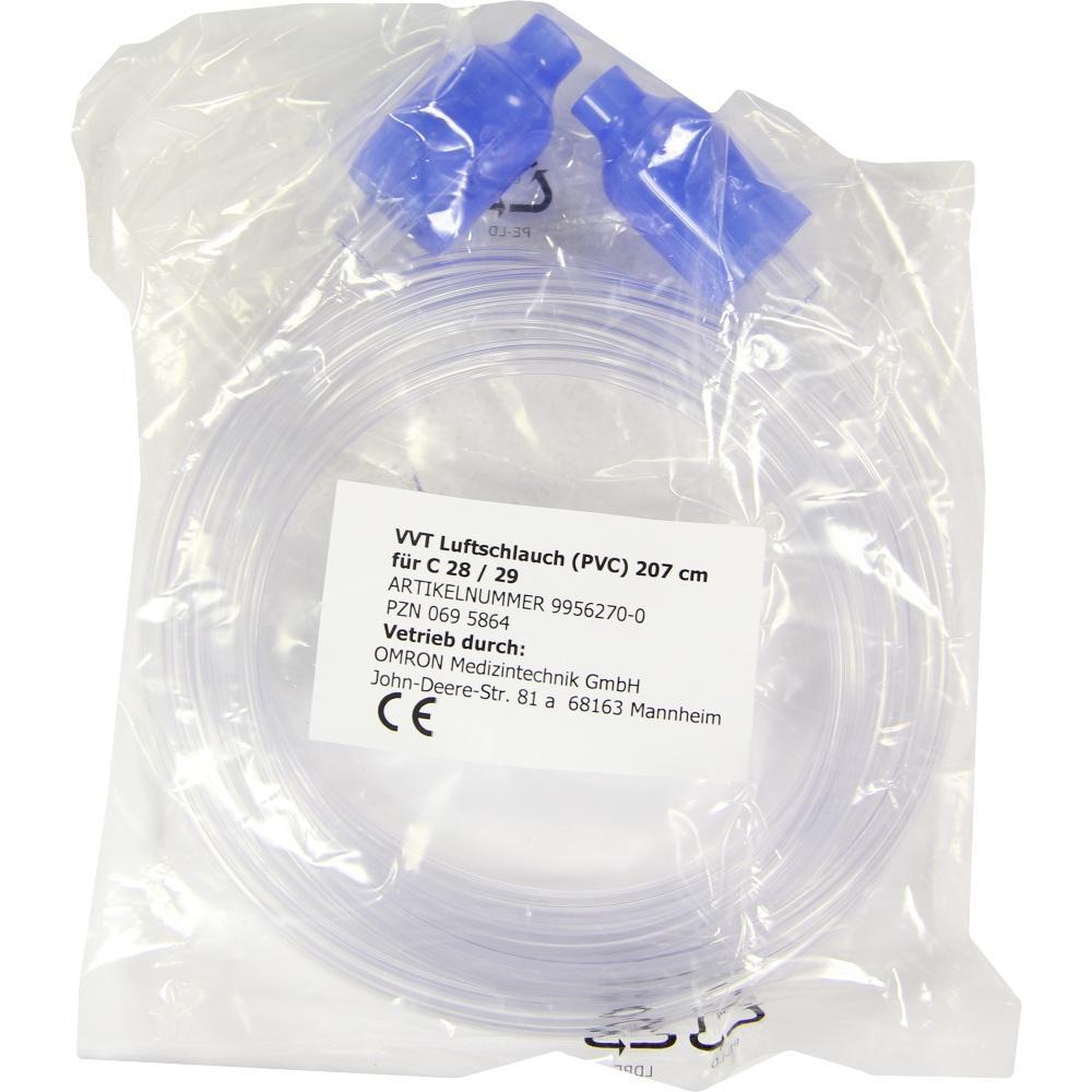 Ein transparenter Luftschlauch mit blauen Anschlüssen in einer Plastikverpackung.