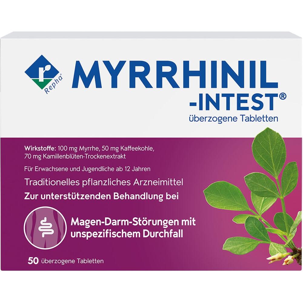 Verpackung von Myrrhinil-Intest Tabletten für Magen-Darm-Beschwerden mit Myrrhe und Kamille.