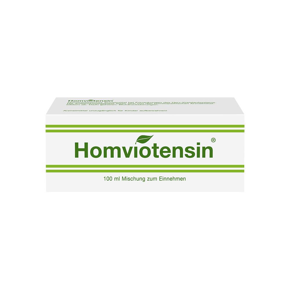 Weiße Arzneimittelverpackung mit grünem Schriftzug "Homviotensin", 100 ml Inhalt.