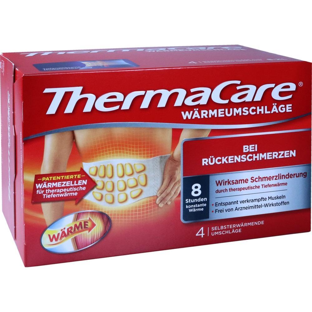 Rote Verpackung mit Aufschrift "ThermaCare Wärmepflaster gegen Rückenschmerzen".
