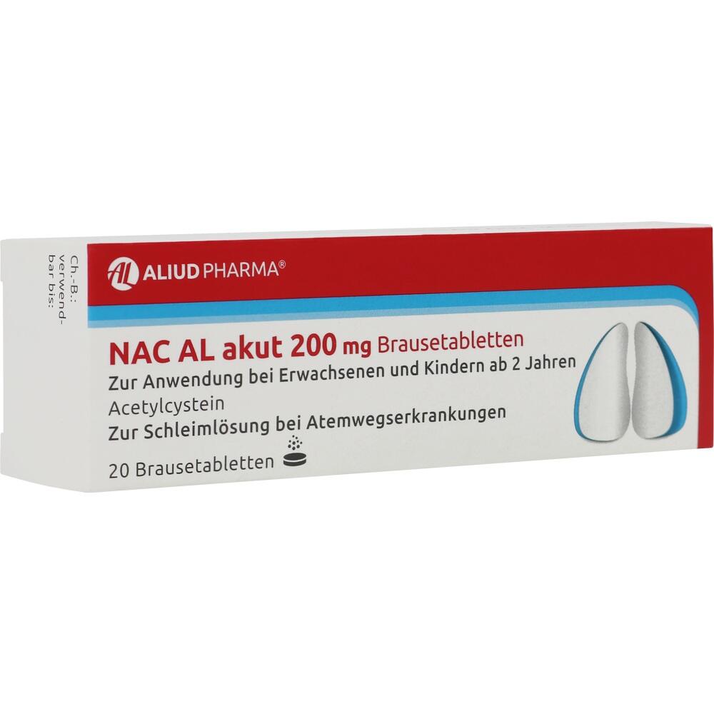 Eine Packung NAC AL akut 200 mg Brausetabletten f&uuml;r Atemwegserkrankungen.