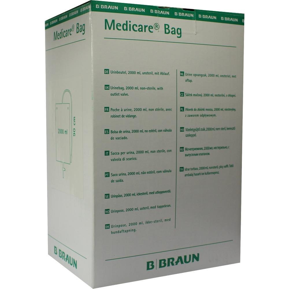 Ein weißer Karton mit grüner Aufschrift "Medicare Bag" und mehrsprachiger Beschreibung.
