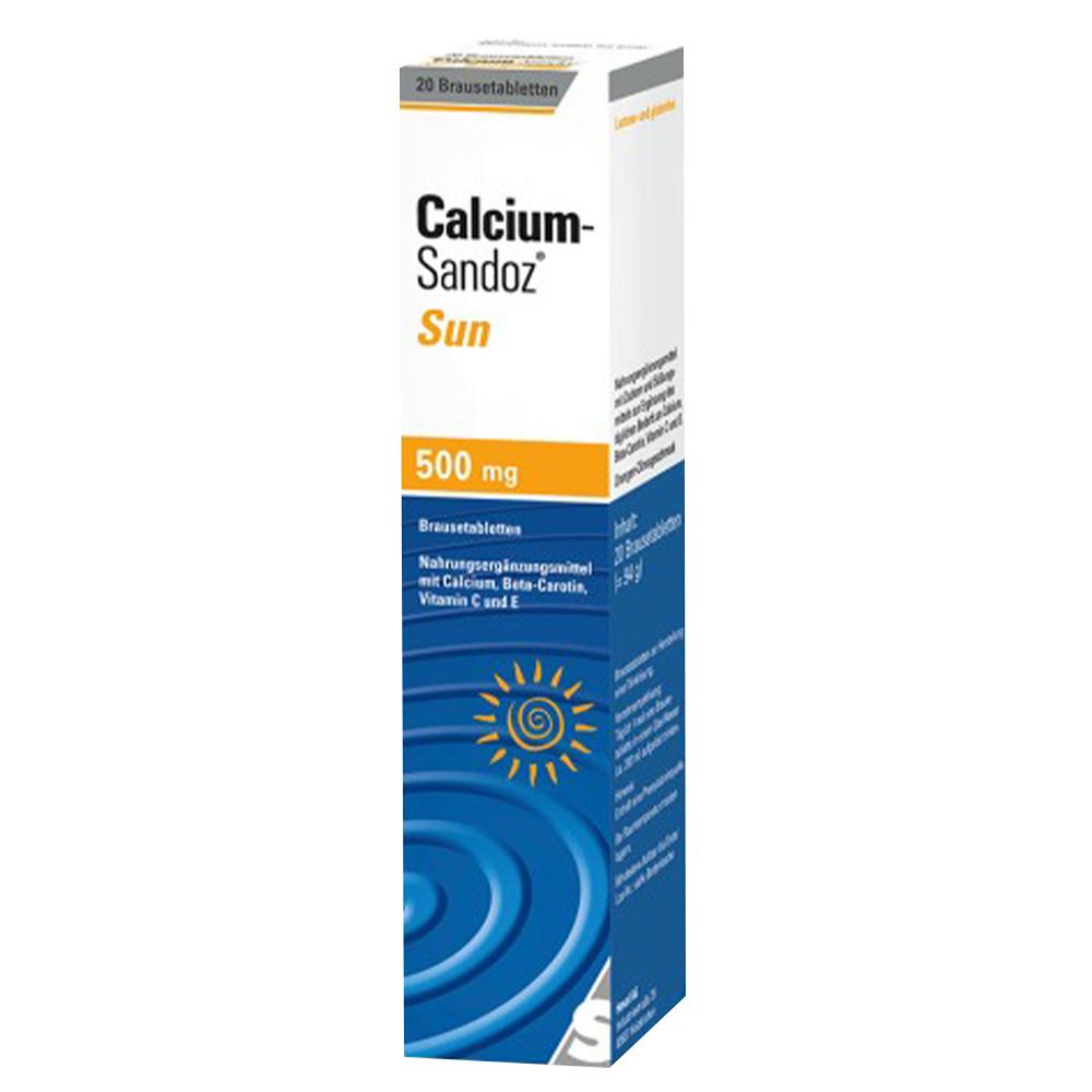 Weiße Packung mit Calcium-Brausetabletten, 500 mg, und Sonnensymbol vorne.