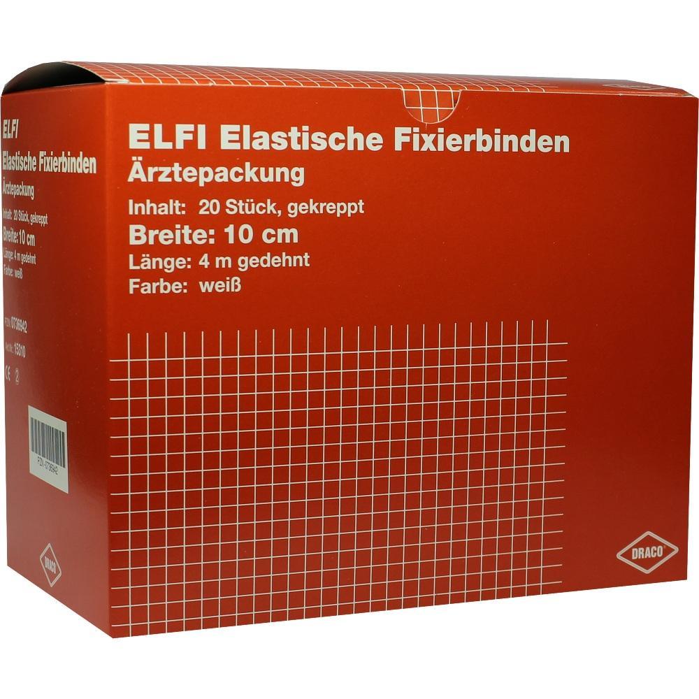 Rote Schachtel mit elastischen weißen Fixierbinden für medizinische Zwecke.