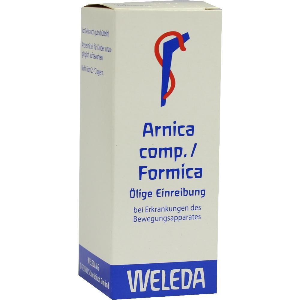Weiße Verpackung mit blauer Aufschrift "Arnica comp./Formica" von Weleda.