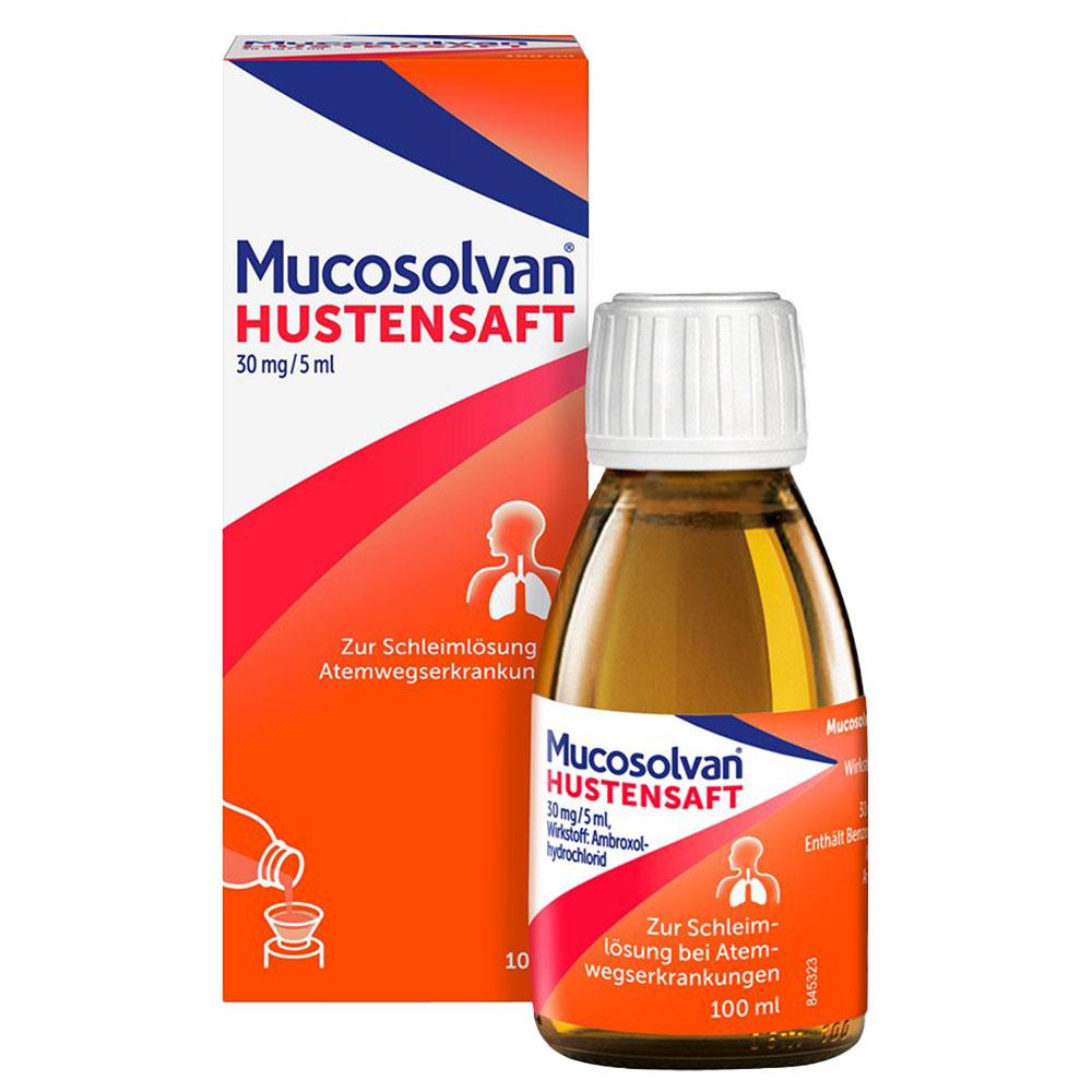 Orange Hustenmittelschachtel für Schleimlösung bei Atemwegserkrankungen.