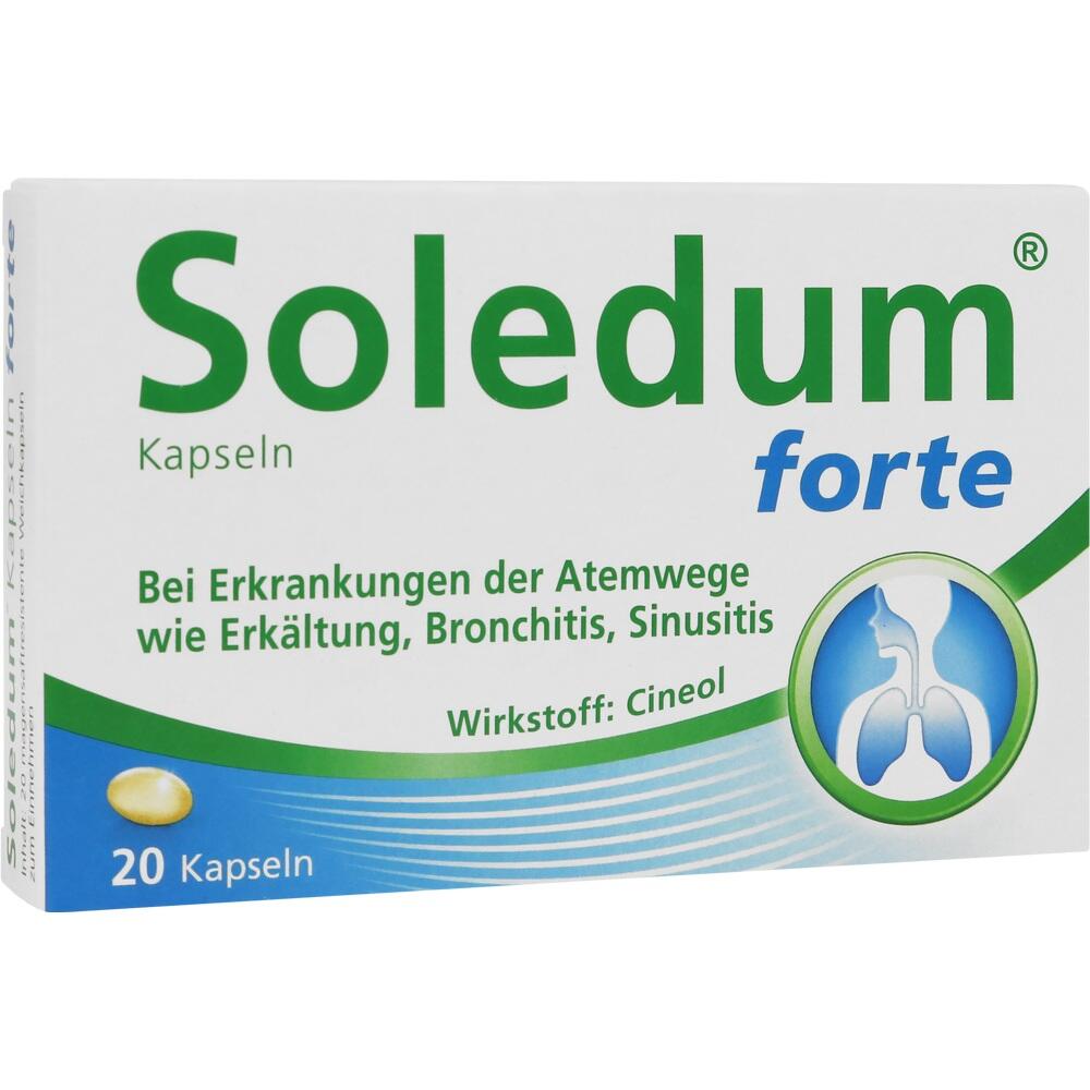 Schachtel mit Soledum forte Kapseln zur Behandlung von Atemwegserkrankungen.