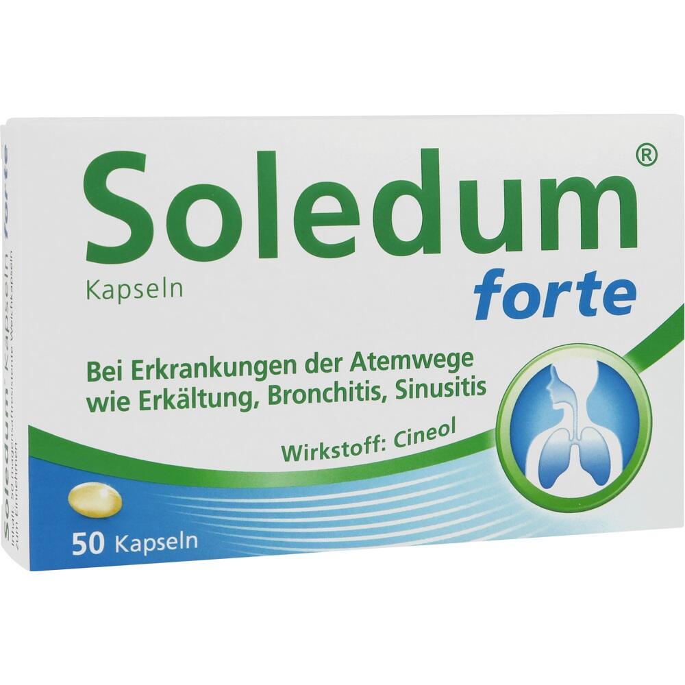 Eine Packung Soledum forte Kapseln gegen Erkältungen und Atemwegsprobleme.