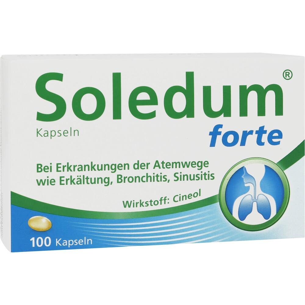 Soledum forte Packung mit 100 Kapseln gegen Atemwegsentzündungen.