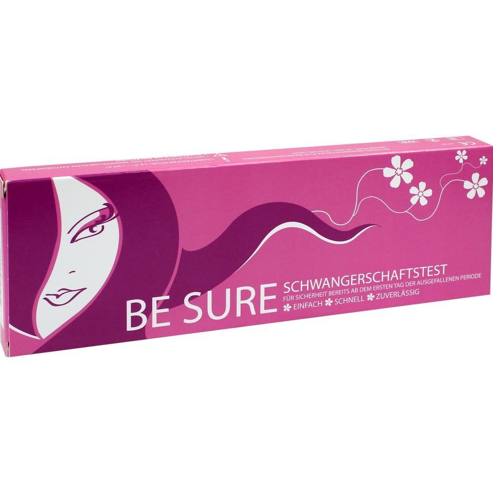 Eine rosa Verpackung eines Schwangerschaftstests mit Gesicht, Blumen und dem Text "BE SURE".