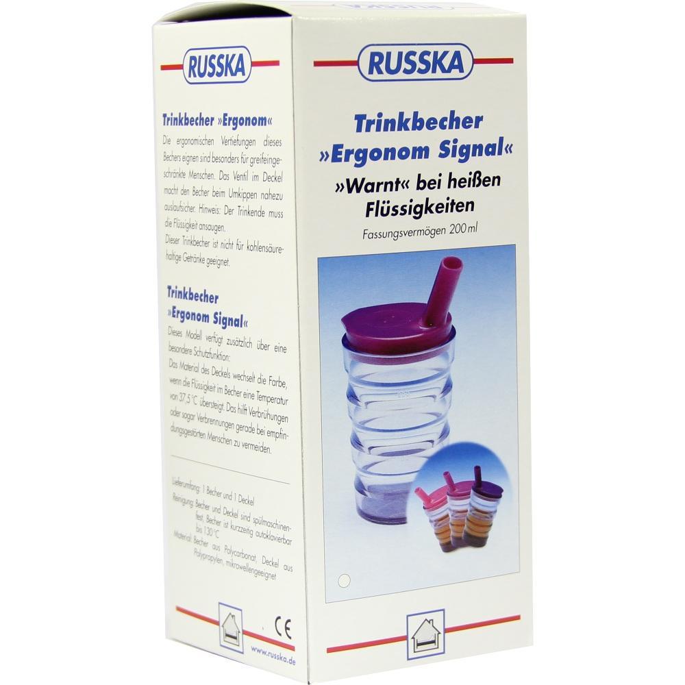 Verpackung eines Trinkbechers mit rotem Deckel und Hinweis auf heiße Flüssigkeiten.