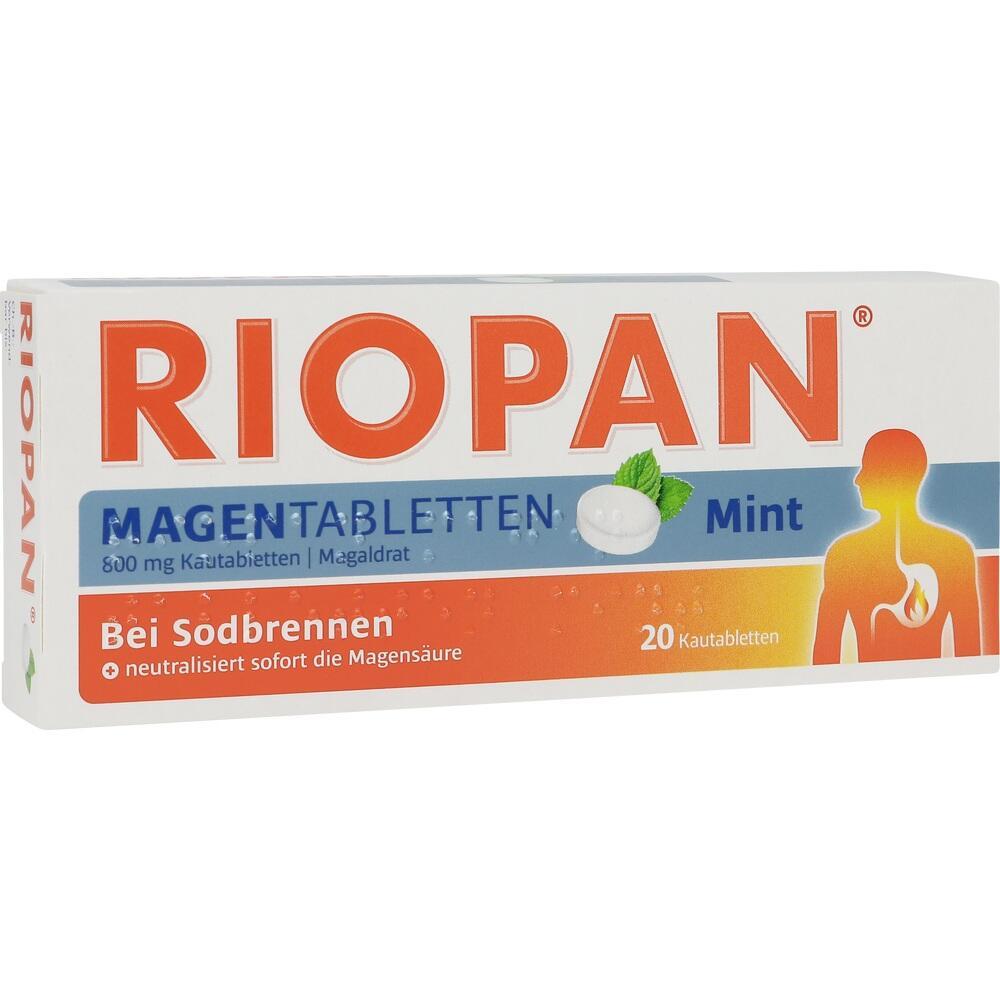 Eine Packung mit 20 Minztabletten gegen Sodbrennen von Riopan.