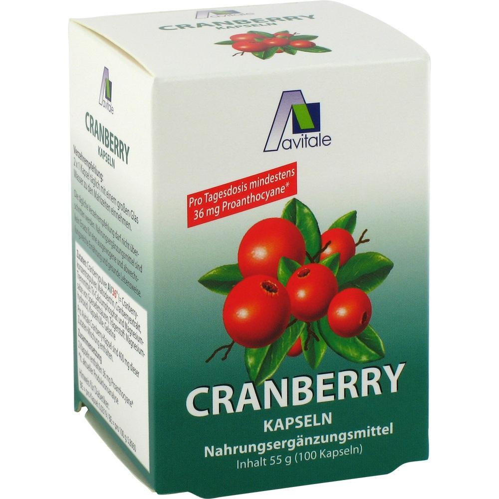 Eine Packung mit Cranberry-Kapseln als Nahrungsergänzungsmittel.