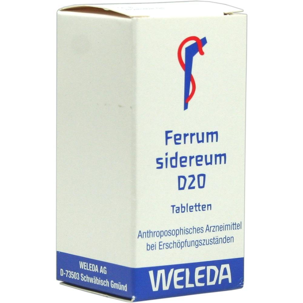 Das Bild zeigt eine Schachtel mit Ferrum sidereum D20 Tabletten von Weleda.
