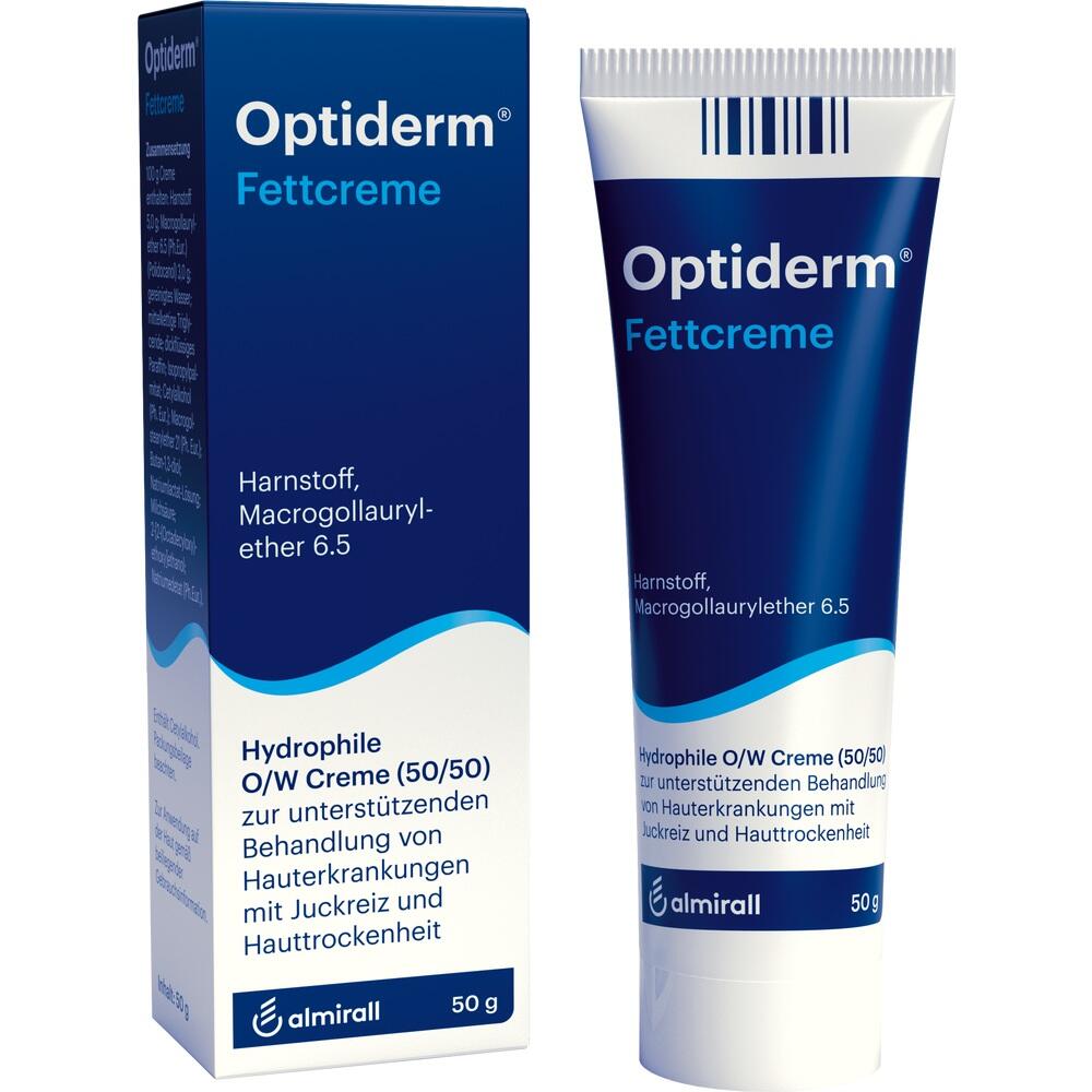 Eine Tube und Schachtel mit Optiderm Fettcreme für trockene Haut.