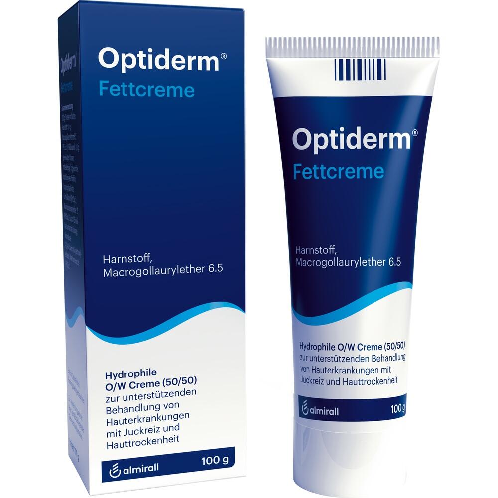 Eine blaue Packung und Tube von Optiderm Fettcreme für trockene Haut stehen nebeneinander.