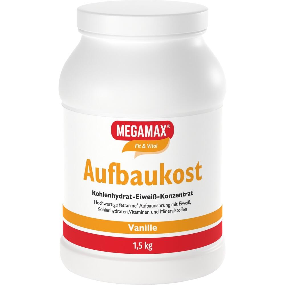 Weiße Dose mit Vanille-Aufbaukost-Pulver von Megamax, 1,5 kg.